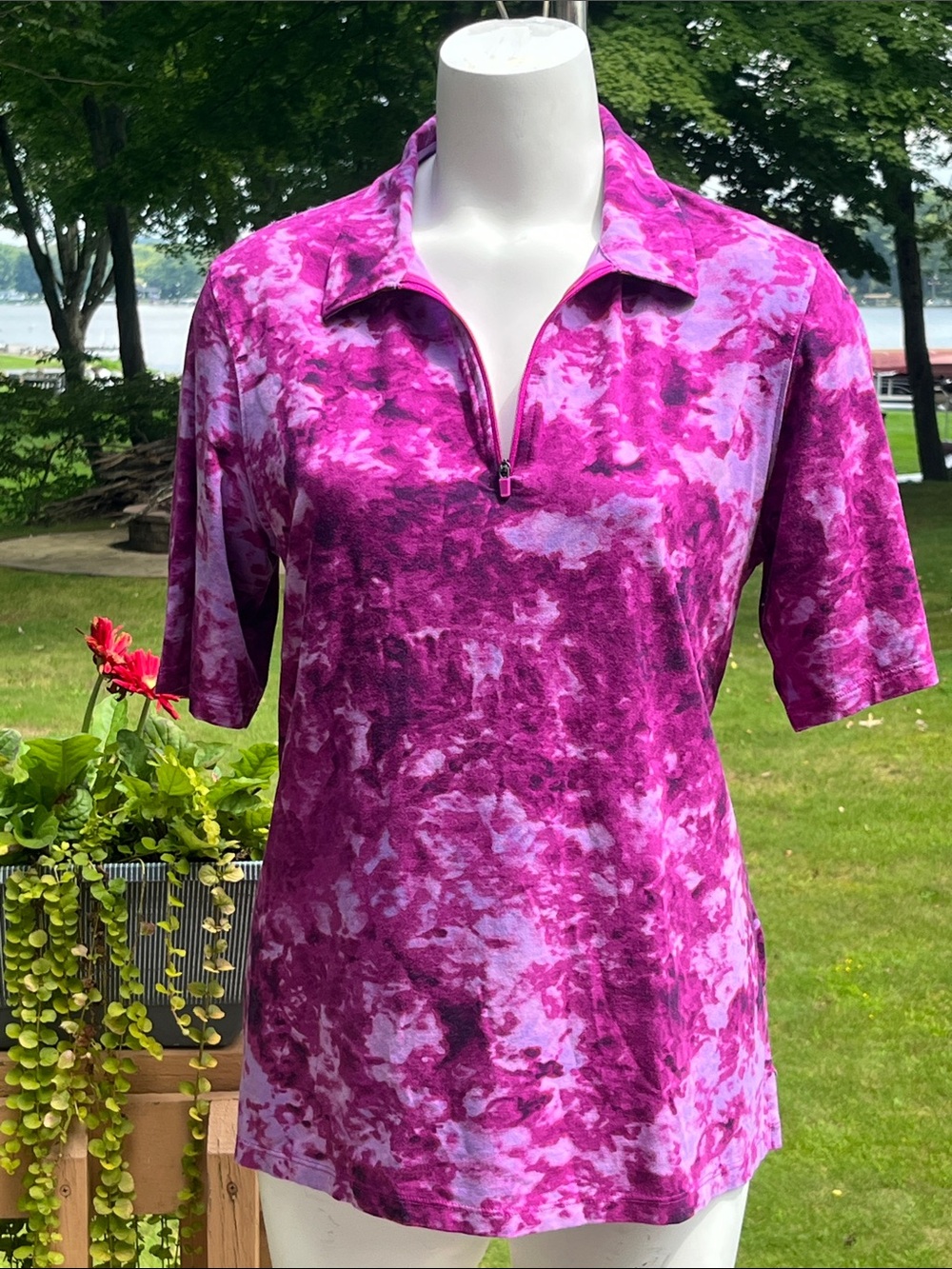 Lands' End Women's Short Sleeve Zip Polo in Fuchsia Tie-Dye